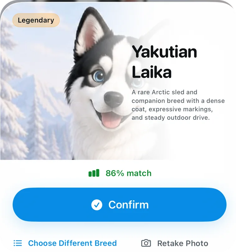 Scan result: Yakutian Laika, 86% match